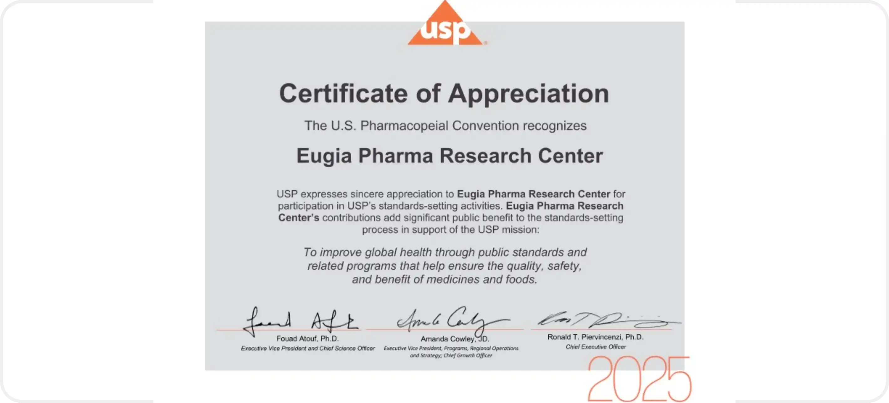 US Pharmacopeia Recognizes Eugia Pharma Research Center for Monograph Contributions